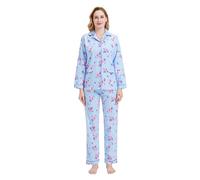 GLOBAL Femme Pyjama Flanelle Manches Long Ensembles de Pyjama Coton Chemises de Nuit Bouton Chaleureux Vêtements de Nuit Confortable Blau S