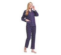 GLOBAL Femme Pyjama Flanelle Manches Long |Ensembles de Pyjama Coton |Chemises de Nuit Bouton | Chaleureux Vêtements de Nuit Confortable Bleu, Taches Colorées. XL