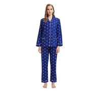 GLOBAL Femme Pyjama Flanelle Manches Long Ensembles de Pyjama Coton Chemises de Nuit Bouton Chaleureux Vêtements de Nuit Confortable Bleu,Points Blancs S
