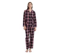 GLOBAL Femme Pyjama Flanelle Manches Long Ensembles de Pyjama Coton Chemises de Nuit Bouton Chaleureux Vêtements de Nuit Confortable Carreaux Rose Bleu M