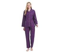 GLOBAL Femme Pyjama Flanelle Manches Long Ensembles de Pyjama Coton Chemises de Nuit Bouton Chaleureux Vêtements de Nuit Confortable,Bleu/Violet/Blanc, Grille,XXL