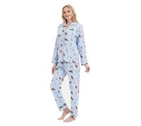GLOBAL Femme Pyjama Flanelle Manches Long |Ensembles de Pyjama Coton |Chemises de Nuit Bouton | Chaleureux Vêtements de Nuit Confortable |Chien Mignon Bleu L