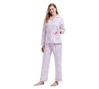 GLOBAL Femme Pyjama Flanelle Manches Long |Ensembles de Pyjama Coton |Chemises de Nuit Bouton | Chaleureux Vêtements de Nuit Confortable |Fleur Rose Fantaisie XXL