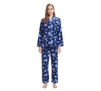 GLOBAL Femme Pyjama Flanelle Manches Long Ensembles de Pyjama Coton Chemises de Nuit Bouton Chaleureux Vêtements de Nuit Confortable Fleurs Bleues XL