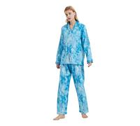 GLOBAL Femme Pyjama Flanelle Manches Long Ensembles de Pyjama Coton Chemises de Nuit Bouton Chaleureux Vêtements de Nuit Confortable,Teinture Cravate Bleue,M