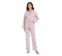 GLOBAL Femme Pyjama Flanelle Manches Long Ensembles de Pyjama Coton Chemises de Nuit Bouton Chaleureux Vêtements de Nuit Confortable Fleurs Roses 3XL