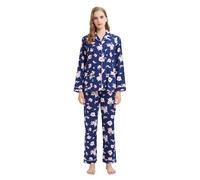 GLOBAL Femme Pyjama Flanelle Manches Long Ensembles de Pyjama Coton Chemises de Nuit Bouton Chaleureux Vêtements de Nuit Confortable Bleu,Fleurs Roses M
