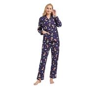 GLOBAL Femme Pyjama Flanelle Manches Long |Ensembles de Pyjama Coton |Chemises de Nuit Bouton | Chaleureux Vêtements de Nuit Confortable Bleu, Chien. M