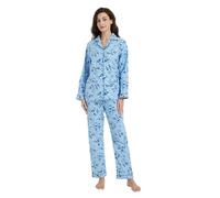 GLOBAL Femme Pyjama Flanelle Manches Long Ensembles de Pyjama Coton Chemises de Nuit Bouton Chaleureux Vêtements de Nuit Confortable Fleurs Bleues S