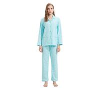 GLOBAL Femme Pyjama Flanelle Manches Long Ensembles de Pyjama Coton Chemises de Nuit Bouton Chaleureux Vêtements de Nuit Confortable Vert,Points Blancs M