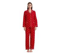 GLOBAL Femme Pyjama Flanelle Manches Long Ensembles de Pyjama Coton Chemises de Nuit Bouton Chaleureux Vêtements de Nuit Confortable,Rouge,Points Blancs,M