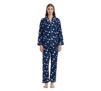 GLOBAL Femme Pyjama Flanelle Manches Long Ensembles de Pyjama Coton Chemises de Nuit Bouton Chaleureux Vêtements de Nuit Confortable Flocons de Neige Bleus L