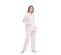 GLOBAL Femme Pyjama Flanelle Manches Long |Ensembles de Pyjama Coton |Chemises de Nuit Bouton | Chaleureux Vêtements de Nuit Confortable |Fleurs Mignonnes Roses L