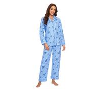 GLOBAL Femme Pyjama Flanelle Manches Long |Ensembles de Pyjama Coton |Chemises de Nuit Bouton | Chaleureux Vêtements de Nuit Confortable |Fleur Bleue Elégante XXL