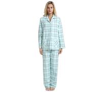 GLOBAL Femme Pyjama Flanelle Manches Long |Ensembles de Pyjama Coton |Chemises de Nuit Bouton | Chaleureux Vêtements de Nuit Confortable |Carreaux Verts XL