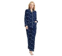 GLOBAL Femme Pyjama Flanelle Manches Long |Ensembles de Pyjama Coton |Chemises de Nuit Bouton | Chaleureux Vêtements de Nuit Confortable |Étoile Bleue
