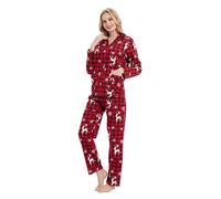 GLOBAL Femme Pyjama Flanelle Manches Long |Ensembles de Pyjama Coton |Chemises de Nuit Bouton | Chaleureux Vêtements de Nuit Confortable |Plaid Rouge de Noël S