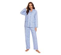 GLOBAL Femme Pyjama Flanelle Manches Long |Ensembles de Pyjama Coton |Chemises de Nuit Bouton | Chaleureux Vêtements de Nuit Confortable |Petites Fleurs Bleues XL