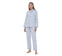 GLOBAL Femme Vêtements de Nuit Flanelle Ensemble de Pyjama Femme 100% Coton Floral à Manches Longues Fleur Bleue sur Blanc M