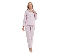 GLOBAL Femme Vêtements de Nuit Flanelle Ensemble de Pyjama Femme 100% Coton Floral à Manches Longues Fleur Rouge sur Fond Rose M