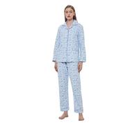 GLOBAL Femme Vêtements de Nuit Flanelle Ensemble de Pyjama Femme 100% Coton Floral à Manches Longues Fleurs Lilas sur Fond Bleu L