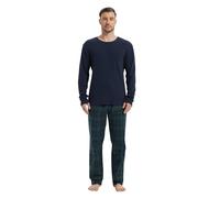 GLOBAL Homme Pyjama Flanelle Ensembles de Pyjama Homme Coton Vêtements de Nuit Haut Deux Pièces Chaud Pyjama Sets Col Rond à Manches Longues, Pantalon Grille Bleu/Vert,3XL