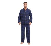 GLOBAL Homme Pyjama Flanelle Ensembles de Pyjama Homme Coton Vêtements de Nuit Haut Deux Pièces Chaud Pyjama Sets Boutonnés à Manches Longues Loungewear Carreaux Bleu/NOI 3XL