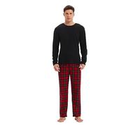 GLOBAL Homme Pyjama Flanelle Ensembles de Pyjama Homme Coton Vêtements de Nuit Haut Deux Pièces Chaud Pyjama Sets Col Rond à Manches Longues T-Shirt Noir, Pantalon Grille Rouge/Noir/Blanc 3XL