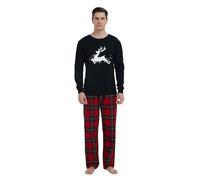 GLOBAL Homme Pyjama Flanelle Ensembles de Pyjama Homme Coton Vêtements de Nuit Haut Deux Pièces Chaud Pyjama Sets Col Rond à Manches Longues Carreaux Rouges 3XL