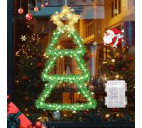 GlobaLink Rideau de Noël Lumineux Sapin,Sapin Noël LED Guirlande Lumineuse Fenêtre Blanche Chaude, Arbre Décoration Lumineux 8 Modes Exterieur Intérieur Pile Décoration Éclairage
