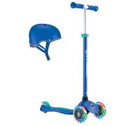 GLOBBER Primo Plus Lights Trottinette et casque pour enfant, 120/80 mm, 3 roues, hauteur réglable, roues LED, bleu