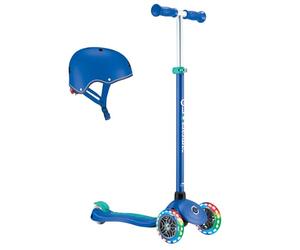 Globber Primo Plus Lights - Trottinette et Casque pour Enfants, 120/80 mm, 3 roues, réglable en hauteur, roues à LED, bleu