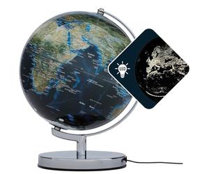 Globe terrestre de 25 cm de diamètre - TERRA LIGHT - Éclairage intégré avec métropoles lumineuses - Carte topographique - Base en métal chromé - Bleu foncé - Vert - TROIKA original