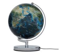 Globe terrestre de 25 cm de diamètre - TERRA LIGHT - Éclairage intégré avec métropoles lumineuses - Carte topographique - Base en métal chromé - Bleu foncé - Vert - TROIKA original