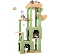 Globlazer Arbre à Chat Vert Cactus avec 2 Grande Niches, Doux Plate-Forme, Griffoirs en Sisal, Arbre a Chat Stable Haut 156 cm avec Grandes Bases Tronc épais pour Gros Chats Chaton (F61, Vert)