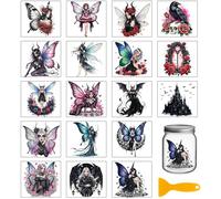 GLOBLELAND 18 Feuilles D'Autocollants de Transfert Fée Gothique 3.9x3.6 pouces Halloween Dark Fairy UV DTF Cup Wraps Décalcomanies Papillon Ailes Elfe Rose Transfert à Frotter pour Bouteille en Verre