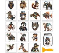 GLOBLELAND 18 Feuilles de Autocollants de Transfert D'Animaux Steampunk 3.9x3.6 pouces Dragon Poisson Éléphant Autocollant de Transfert Coloré Grenouille Girafe pour Décalque de Tasse Vase Verre
