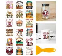 GLOBLELAND 18 Feuilles de Autocollants de Transfert de Cowboy 3.9x3.6 pouces Bottes de Cow Boy Cactus Autocollants Colorées pour Vase Papillon Fleur Cheval Transfert à Frotter pour Vase Tasse Verre