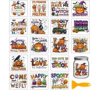 GLOBLELAND 18 Feuilles de Autocollants de Transfert de Texte D'Halloween pour Vases 3.9x3.6pouces Autocollants de Tasse UV DTF Citrouille Happy Halloween Transfert à Frotter pour Meuble de Bouteilles