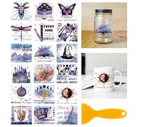 GLOBLELAND 18 Feuilles de Autocollants de Transfert Magique de 3.9x3.6pouces Bâton Magique en Cristal Autocollants Coloré pour Vase Papillons Étoiles Lune Transfert à Frotter pour Tasse Verre