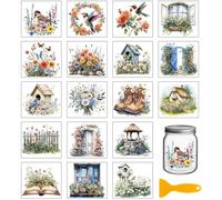 GLOBLELAND 18 Feuilles de Autocollants de Transfert Rétro Fleurs Oiseaux 3.9x3.6 pouces Jardin Autocollants Coloré pour Vase Plantes Fleurs Transfert à Frotter pour Meubles Vase Tasse Verre Artisanat