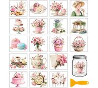 GLOBLELAND 18 Feuilles de Autocollantspour le Thé de L'Après Midi de 3.9x3.6pouces Fleurs de Pivoines Roses Autocollants Imperméables UV DTF Transfert à Frotter pour Tasses de Vases