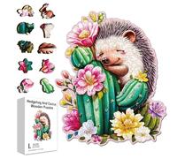 GLOBLELAND 200 Pièces Puzzle en Bois Motif Hérisson Cactus Succulents pour Adultes 13.6x11.2pouces Mignon Hérisson Coloré Unique en Forme d'animal Puzzles pour Fêtes Anniversaires Cadeaux