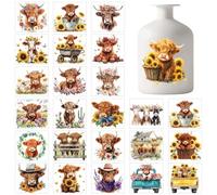 GLOBLELAND 25 Feuilles de Stickers Adhésifs avec Silhouette de Vache des Highlands Fleurs de Ferme Papillon. Autocollants de Décalcomanie Adhésifs de Tournesols pour Lanterne Pot en Verre Tasse Vase