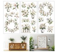 GLOBLELAND 3 Feuilles de Fleurs de Lys de Magnolia pour Meubles 6x12 pouces Bouquet Couronne de Fleurs Autocollants Muraux Auto Adhésifs pour Chambre à Coucher Salon Bureau Décoration de Table