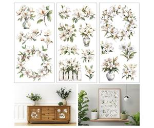 GLOBLELAND 3 Feuilles de Fleurs de Lys de Magnolia pour Meubles 6x12 pouces Bouquet Couronne de Fleurs Autocollants Muraux Auto Adhésifs pour Chambre à Coucher Salon Bureau Décoration de Table