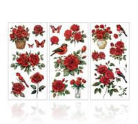 GLOBLELAND 3 feuilles Transfert de Meubles de Roses Rouges et D'Oiseaux 6x12 pouces Transfert de Frottement de Fleurs Plantes et D'Oiseaux Auto Adhésif pour L'Art Mural pour de la Chambre à Coucher