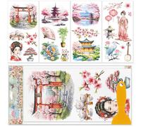 GLOBLELAND 4 Feuilles D'Autocollants Autocollants à Motifs de Fleurs Orientales Colorées pour Meubles 12x6cm Motif Mont Fuji Autocollants UV DTF pour Chambre Salon Bureau Décoration de Table