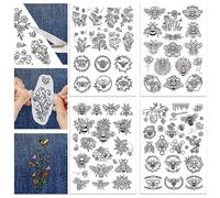 GLOBLELAND 4 Feuilles Motif Fleur et Abeilles Soluble dans L'Eau Broderie Main Couture Stabilisateurs pour Tissu Stitch Practice Broderie Autocollants Wash Away Stabilisateurs pour Débutants