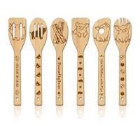 GLOBLELAND Ensemble de 6 cuillère en Bois avec Motif Cochon Mignon Ustensiles de Cuisine Sculptés en Bambou Spatule Gravée en Bois Cadeau Original pour une Pendaison de Crémaillère